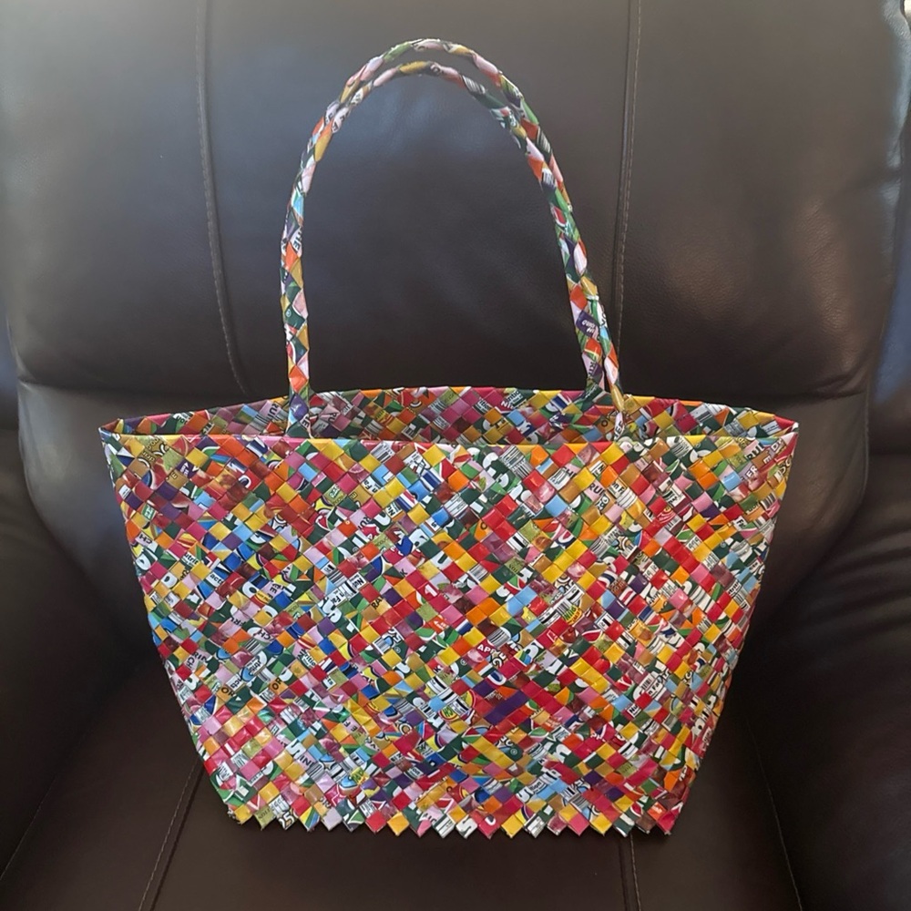 Colorful Vintage Candy Wrapper Woven Tote Bag - 100 percent recycled
